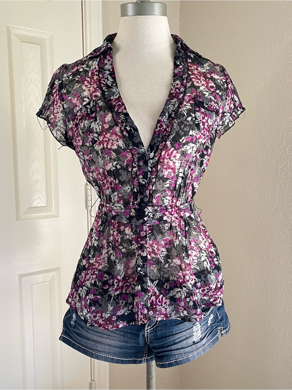 Candie's Black and Purple Floral Sheer Button-Front Blouse